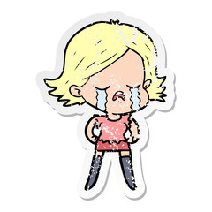 distressed sticker of a cartoon girl crying