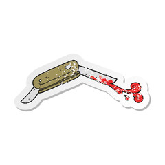 retro distressed sticker of a cartoon bloody folding knife