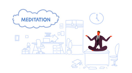 businessman sitting yoga lotus pose on workplace desk business man keeping calm meditation relax concept modern office interior sketch doodle horizontal