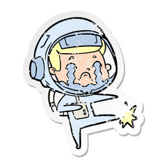 distressed sticker of a cartoon crying astronaut