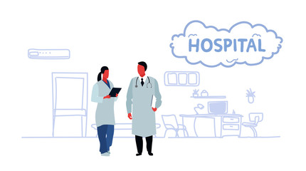 couple medical doctors team medical staff healthcare and medicine concept male female characters in white uniform hospital interior full length sketch doodle horizontal