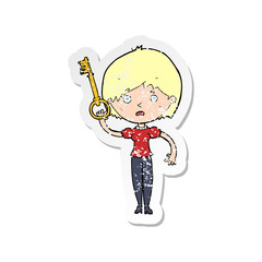 retro distressed sticker of a cartoon woman with key