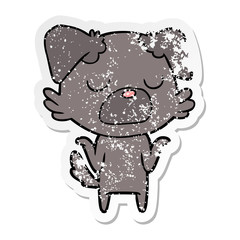 distressed sticker of a cartoon dog shrugging shoulders