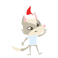 friendly flat color illustration of a wolf giving peace sign wearing santa hat