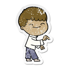 distressed sticker of a cartoon happy boy