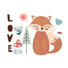 Cute cartoon fox. Fox character vector print  for  cards, posters, cards, t-shirts, book, textile. Fox and flowers vector illustration.