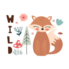 Cute cartoon fox. Fox character vector print  for  cards, posters, cards, t-shirts, book, textile. Fox and flowers vector illustration.