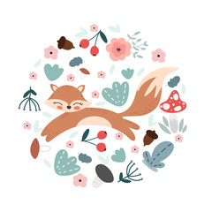 Cute cartoon fox. Fox character vector print  for  cards, posters, cards, t-shirts, book, textile. Flowers, leaves, mushrooms arranged in circle.