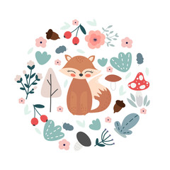 Cute cartoon fox. Fox character vector print  for  cards, posters, cards, t-shirts, book, textile. Flowers, leaves, mushrooms arranged in circle.
