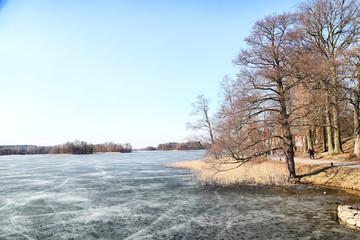 Obraz na płótnie Canvas Landscape with lake covered with ice and trees around with Sunny day