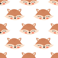 Cute cartoon fox face seamless pattern.