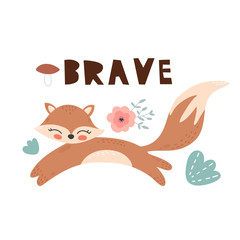 Cute cartoon fox. Fox character vector print  for  cards, posters, cards, t-shirts, book, textile. Fox and flowers vector illustration.