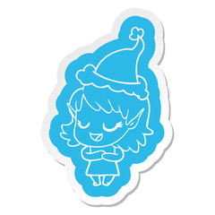happy cartoon  sticker of a elf girl wearing santa hat