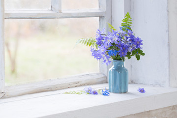 blue snowdrops on windowsill