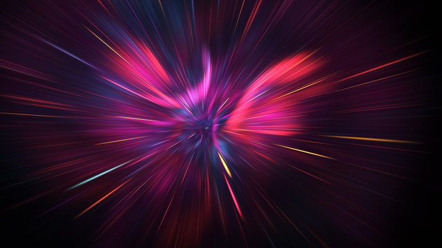 Abstract holiday background with blurred rays and sparkles. Fantastic red and purple light effect. Digital fractal art. 3d rendering.