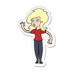 sticker of a cartoon pretty woman waving