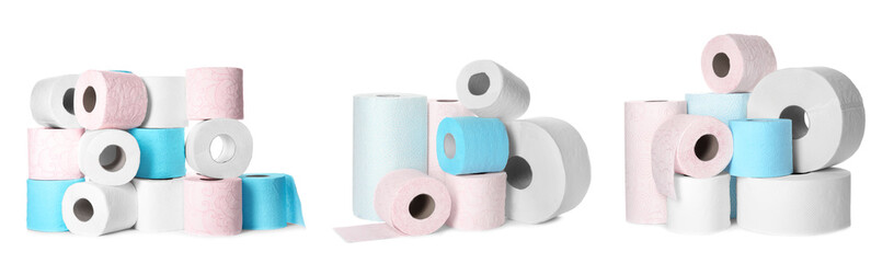 Set of toilet paper rolls on white background