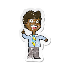 retro distressed sticker of a cartoon school boy raising hand