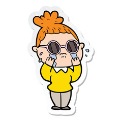 sticker of a cartoon crying woman wearing spectacles