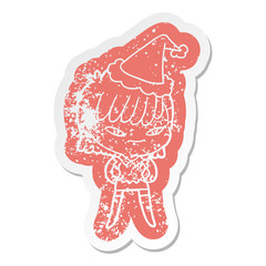 cartoon distressed sticker of a woman wearing santa hat