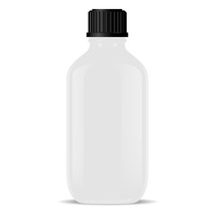 White glass medical bottle isolated. Glossy plastic container for cosmetic or medical products. 3d realistic vector vial mockup design.Vapour e liquid, pharmaceutical needs, essence, drugs. 3d jar.