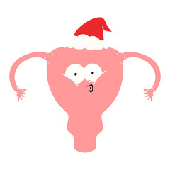 flat color illustration of a uterus wearing santa hat