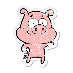 distressed sticker of a cartoon pig pointing