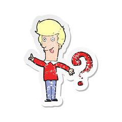 retro distressed sticker of a cartoon man with question