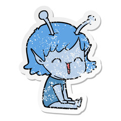 distressed sticker of a cartoon alien girl laughing