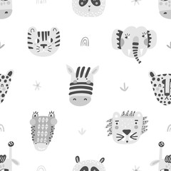 Baby seamless pattern with hand drawn animals. Trendy scandinavian vector background. Vector texture in childish style great for fabric and textile, wallpapers, backgrounds.