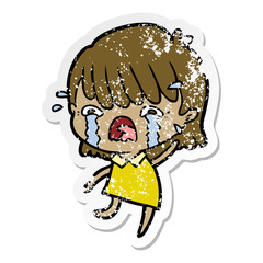 distressed sticker of a cartoon girl crying