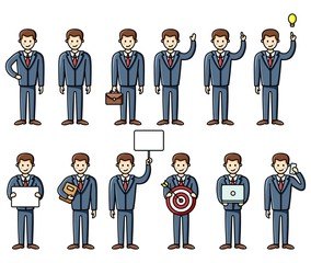 Set of diverse poses business man flat style infographic elements. Vector characters