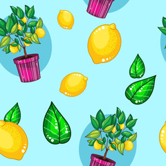 seamless pattern with Hand drawn illustration of cartoon Lemon tree in ceramic pot and lemon and leaf