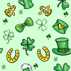 Seamless pattern with hand drawn Saint Patricks Day objects on green background