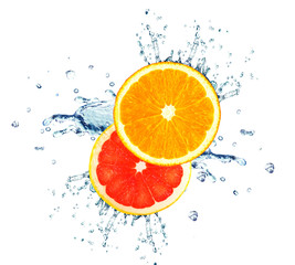 orange and grapefruit splashing water isolated on white