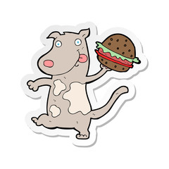sticker of a cartoon hungry dog with burger