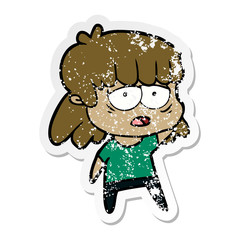 distressed sticker of a cartoon tired woman