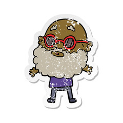 distressed sticker of a cartoon curious man with beard and sunglasses