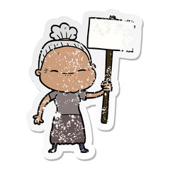 distressed sticker of a cartoon peaceful old woman