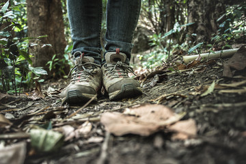 Close up traveller shoes standing in forest. travel concept.