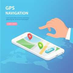 GPS navigation app concept in isometric vector illustration. Smartphone application for global positioning system. Satellite radionavigation or tracking system on mobile device