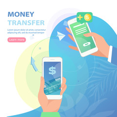 Send money low-cost fee flat vector neon illustration for ui ux web and mobile design with text and button. Man is sending money from credit card to his friend wallet via mobile app on smart phone