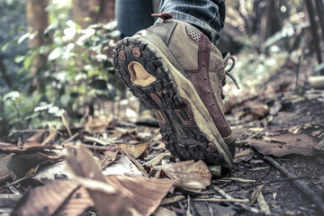 Close up hiking shoes on forest road. travel concept.