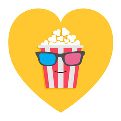Big popcorn box face in 3D glasses. Heart shape. I love movie cinema icon Flat design style. Yellow background. Isolated.