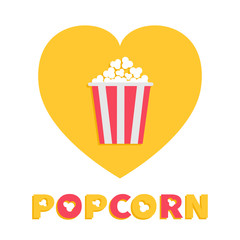 Popcorn. Red yellow strip box package. Heart shape. I love cinema movie night icon Flat design style. Fast food. Yellow background Red white text.