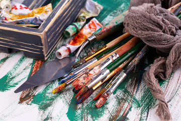 Fototapeta premium Paint brushes and paints for drawing.