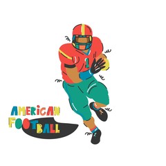 Handdrawn vector illustration with American football player. Sketch design. Cartoon character.