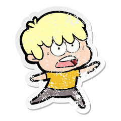 distressed sticker of a worried cartoon boy