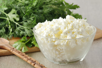 A bowl with cottage cheese and a bunch of green	