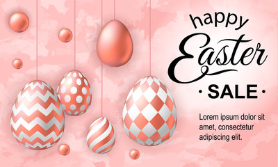 Happy Easter banner with realistic pink golden eggs